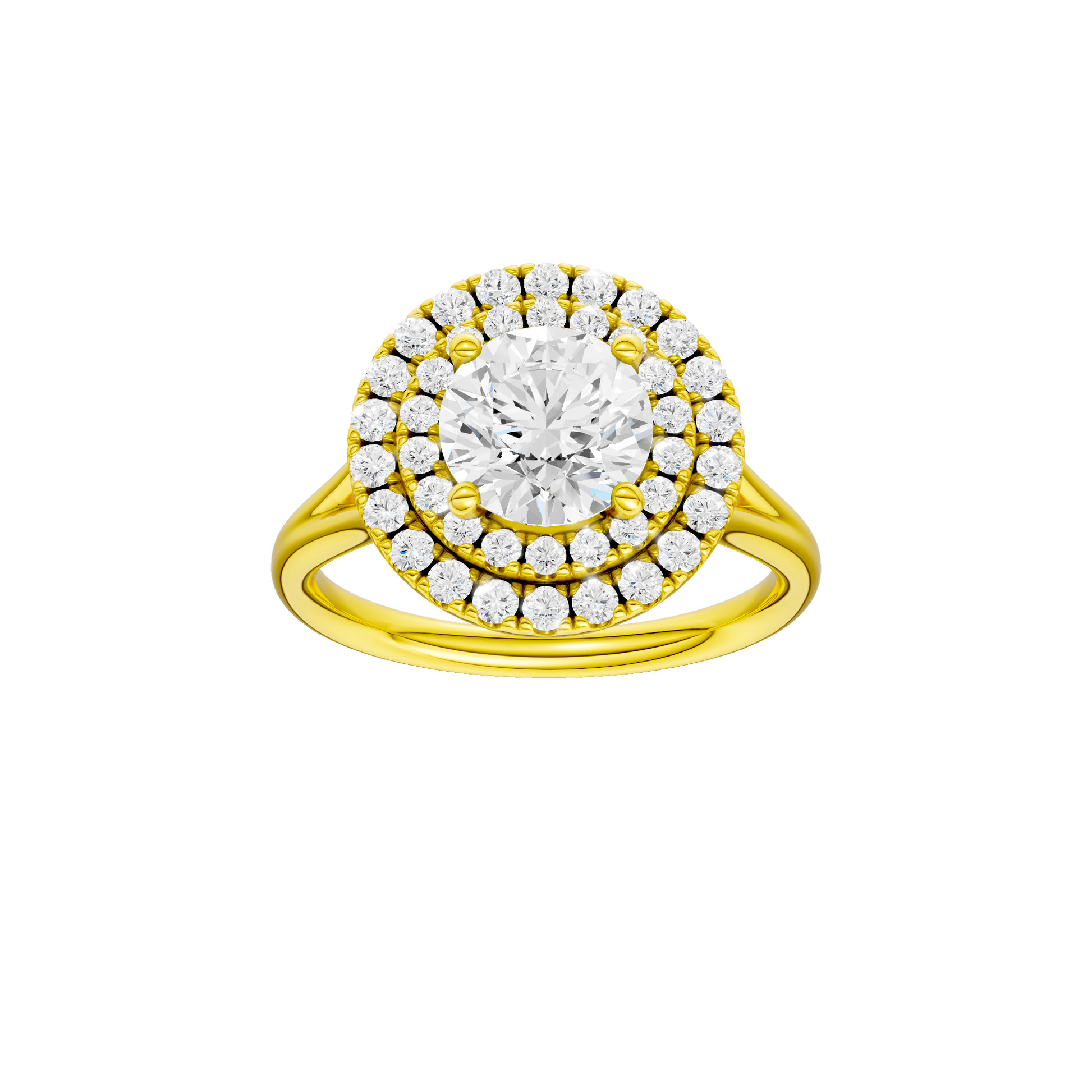 Round-cut diamond engagement ring with a plain band and double-halo setting.