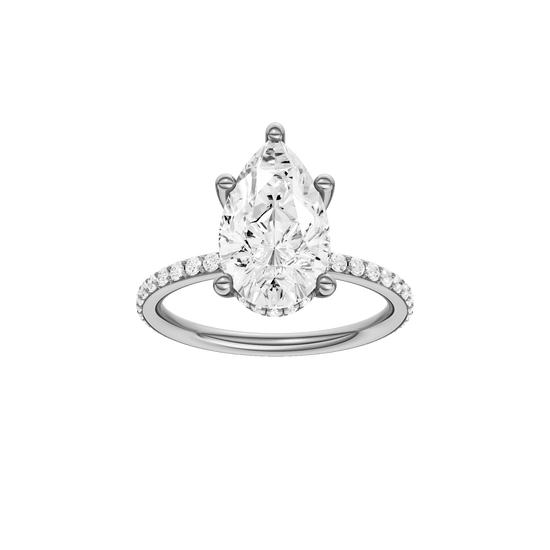 Pear-cut diamond engagement ring with a prong-set diamond band and hidden-halo setting.