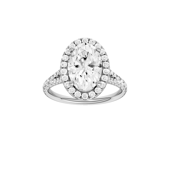 Oval-cut diamond engagement ring with a prong-set diamond band and halo setting.