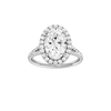 Oval-cut diamond engagement ring with a prong-set diamond band and halo setting.