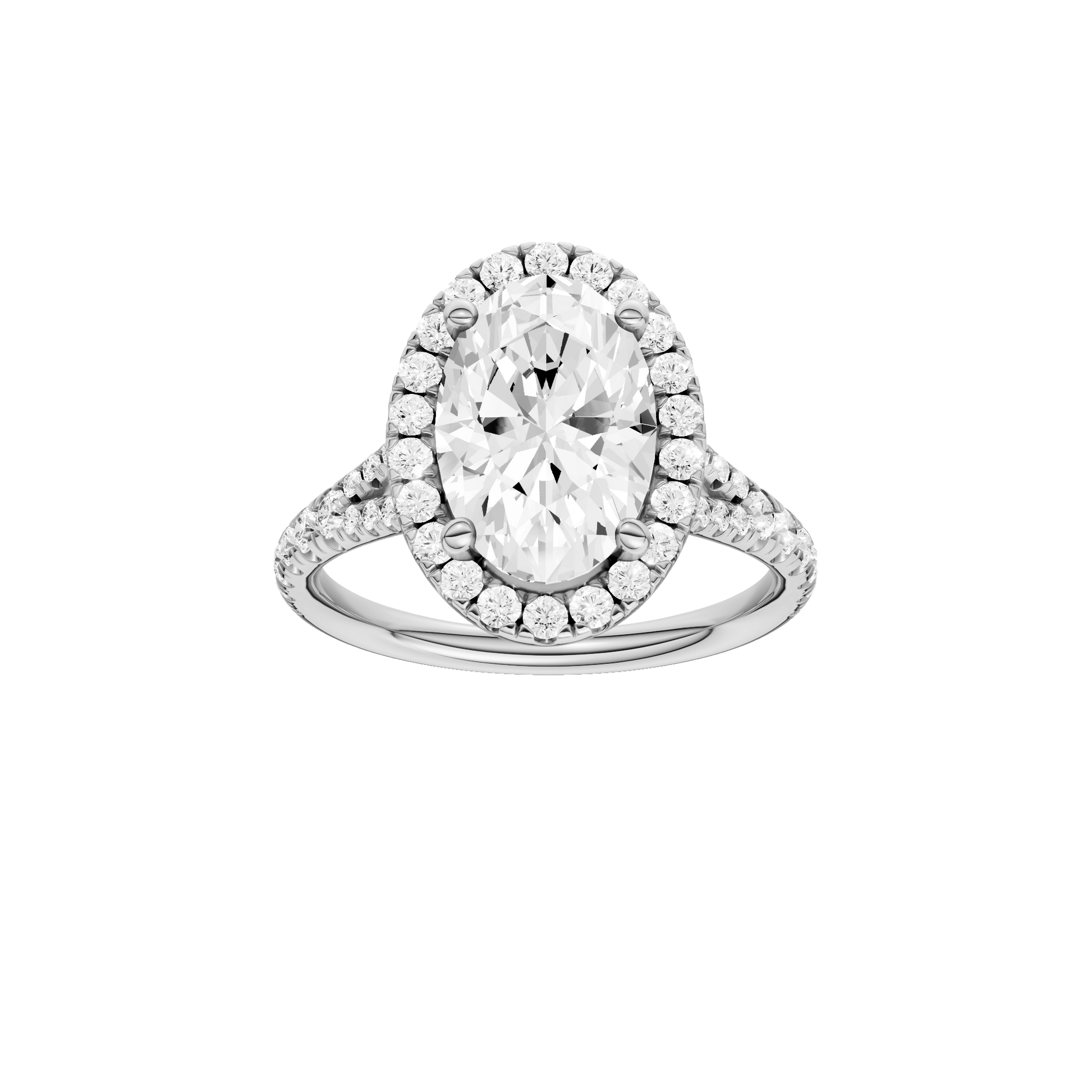 Oval-cut diamond engagement ring with a prong-set diamond band and halo setting.