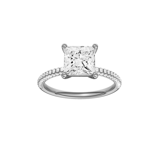 Princess-cut diamond engagement ring with a pavé-set diamond band and solitaire setting.