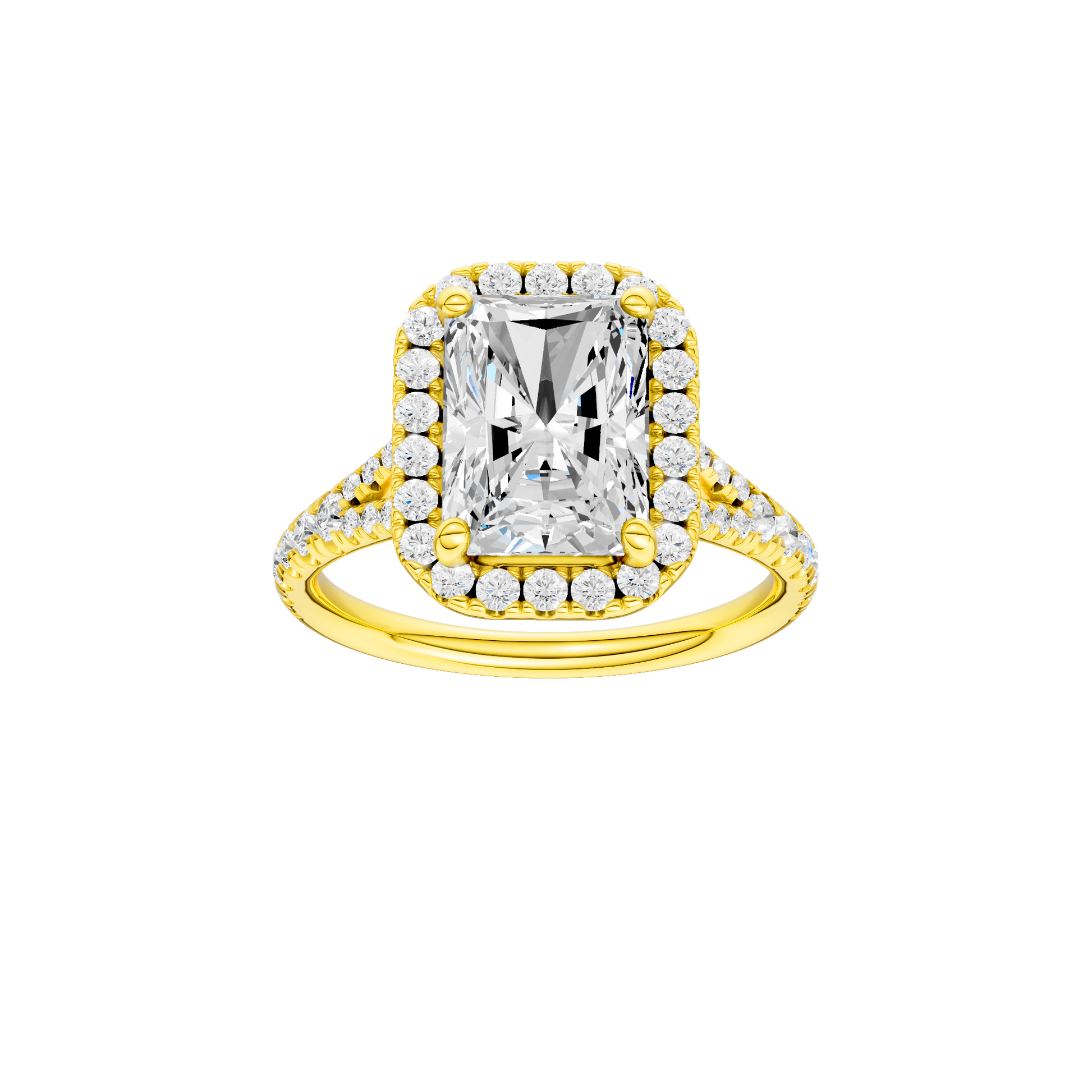 Radiant-cut diamond engagement ring with a prong-set diamond band and halo setting.