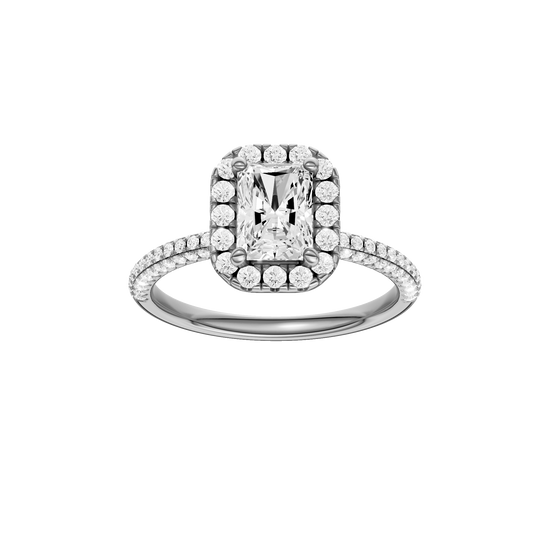 Radiant-cut diamond engagement ring with a pavé-set diamond band and halo setting.
