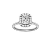 Radiant-cut diamond engagement ring with a pavé-set diamond band and halo setting.