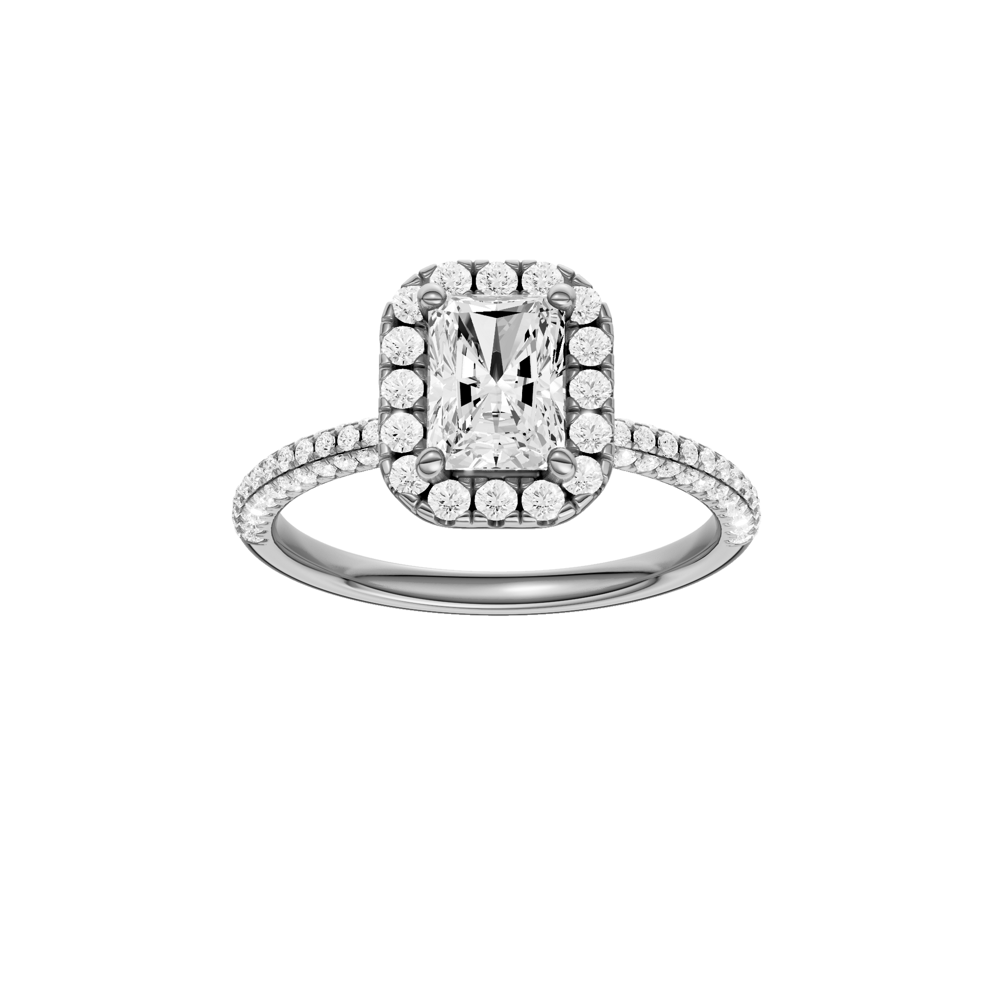 Radiant-cut diamond engagement ring with a pavé-set diamond band and halo setting.