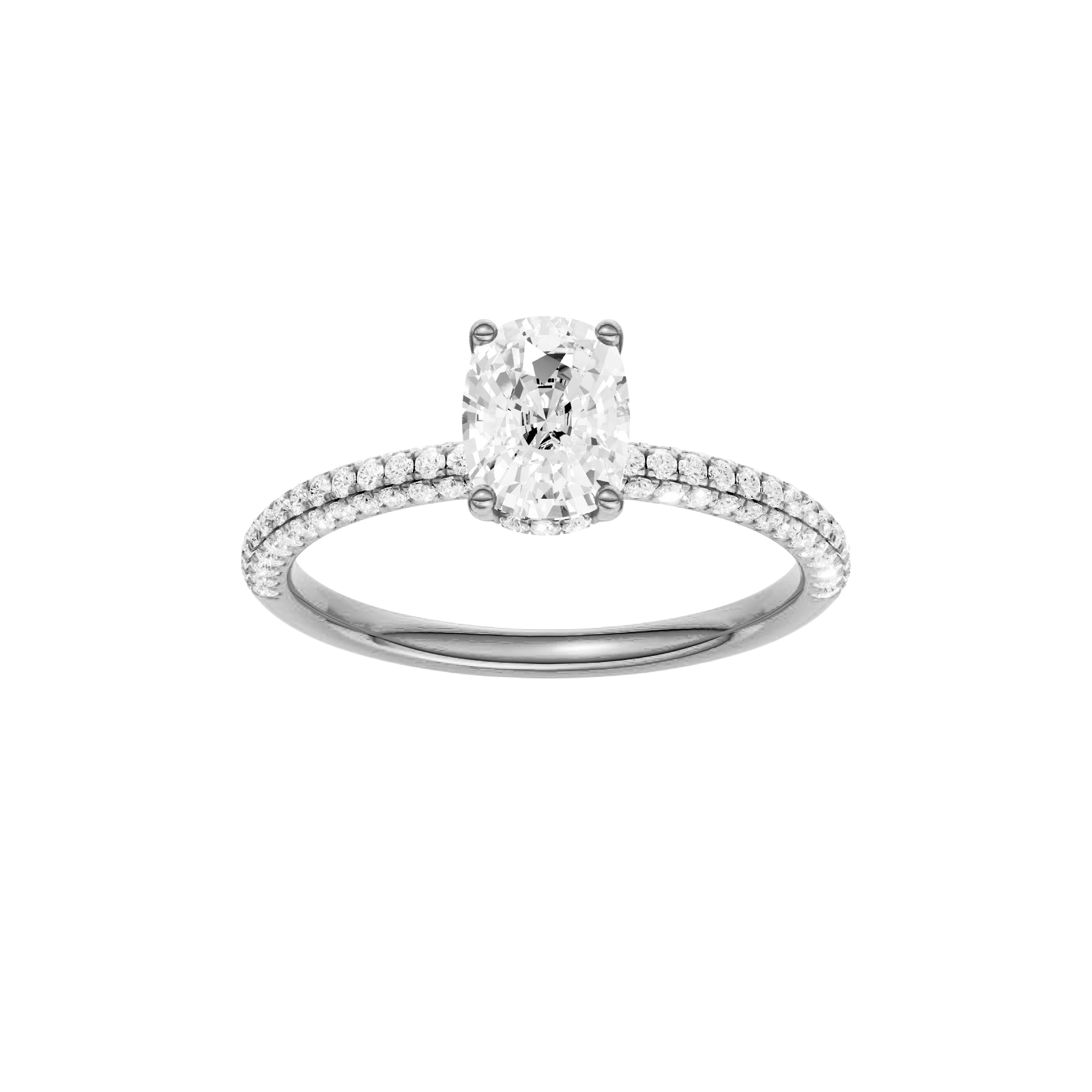 Elongated cushion-cut diamond engagement ring with a pavé-set diamond band and hidden-halo setting.