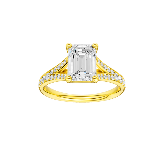 Emerald-cut diamond engagement ring with a channel-set diamond band and solitaire setting.