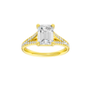 Emerald-cut diamond engagement ring with a channel-set diamond band and solitaire setting.