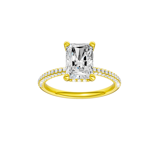 Radiant-cut diamond engagement ring with a pavé-set diamond band and hidden-halo setting.