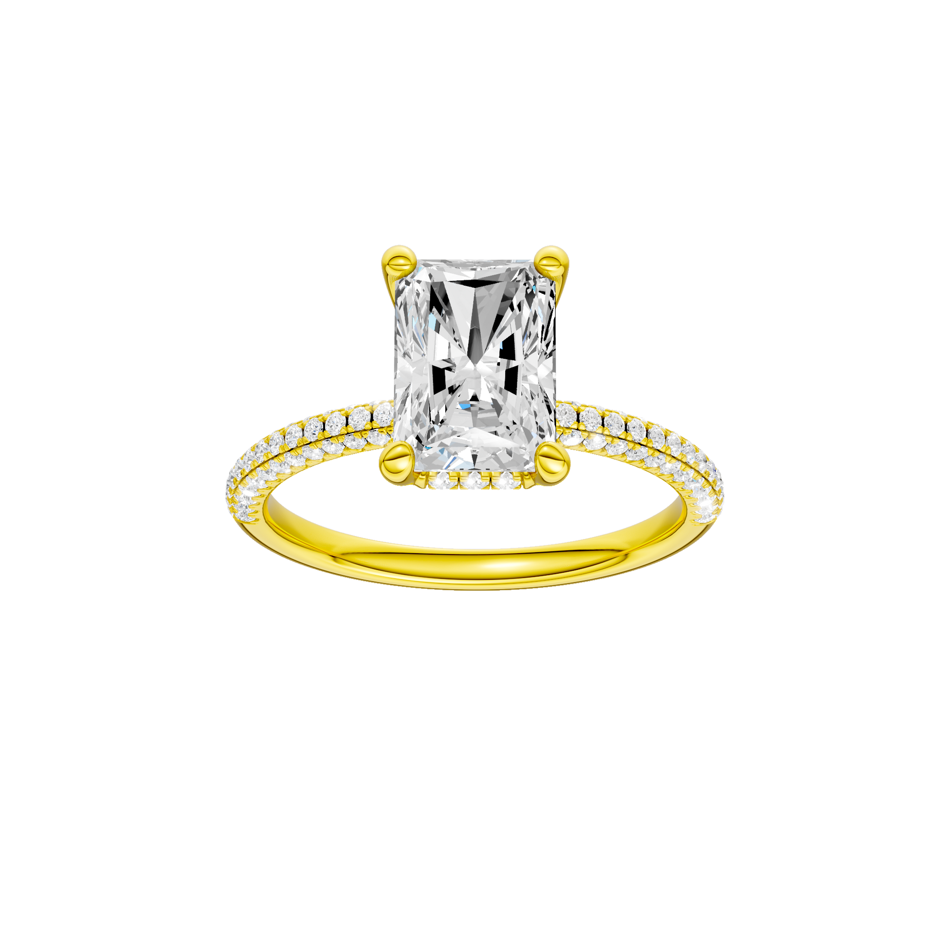 Radiant-cut diamond engagement ring with a pavé-set diamond band and hidden-halo setting.
