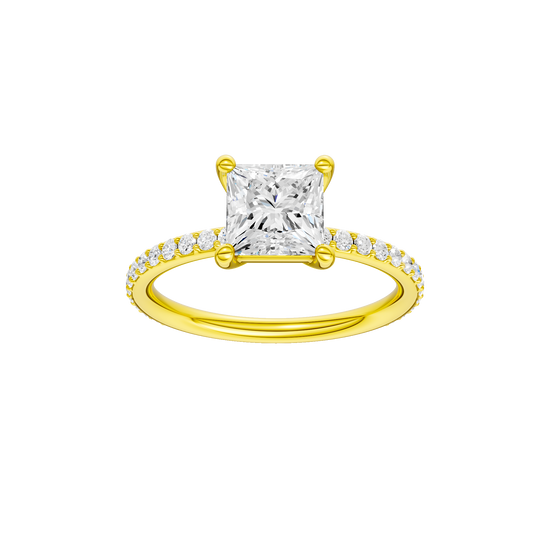 Princess-cut diamond engagement ring with a prong-set diamond band and solitaire setting.