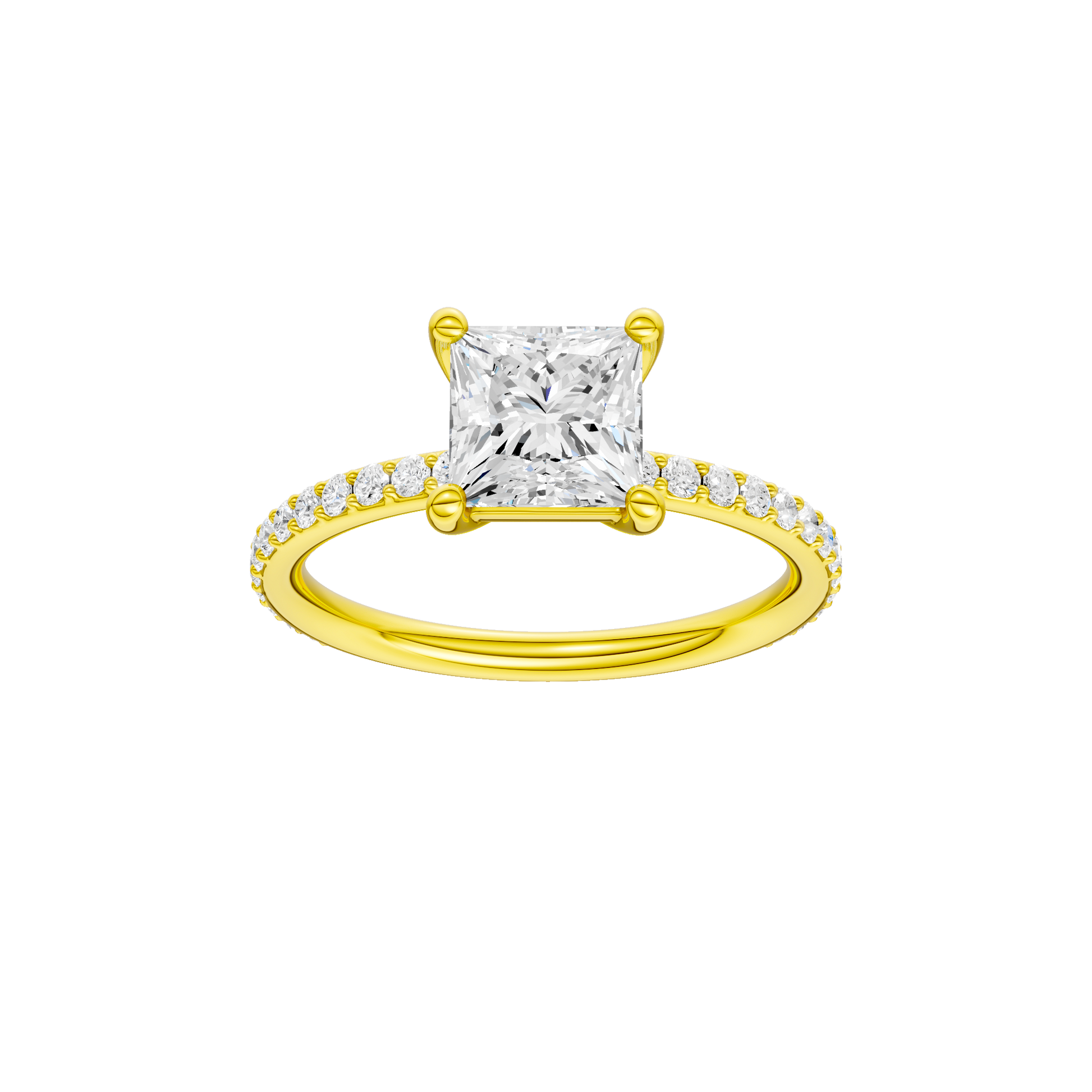 Princess-cut diamond engagement ring with a prong-set diamond band and solitaire setting.