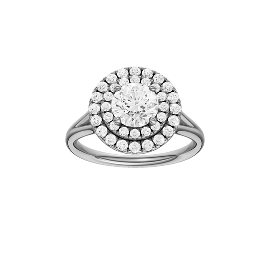 Round-cut diamond engagement ring with a plain band and double-halo setting.