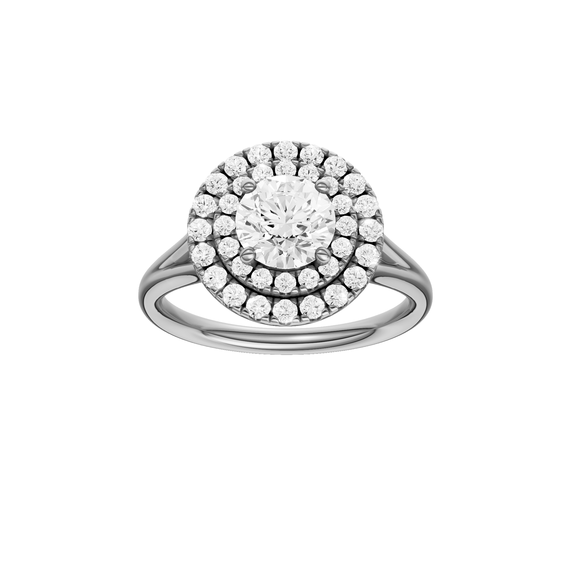 Round-cut diamond engagement ring with a plain band and double-halo setting.