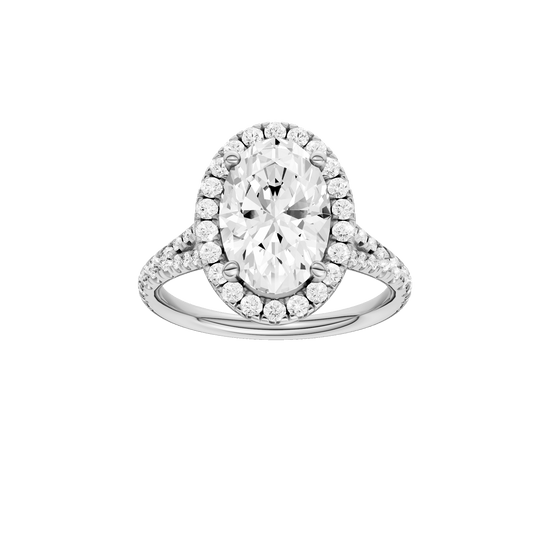 Oval-cut diamond engagement ring with a prong-set diamond band and halo setting.