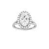 Oval-cut diamond engagement ring with a prong-set diamond band and halo setting.