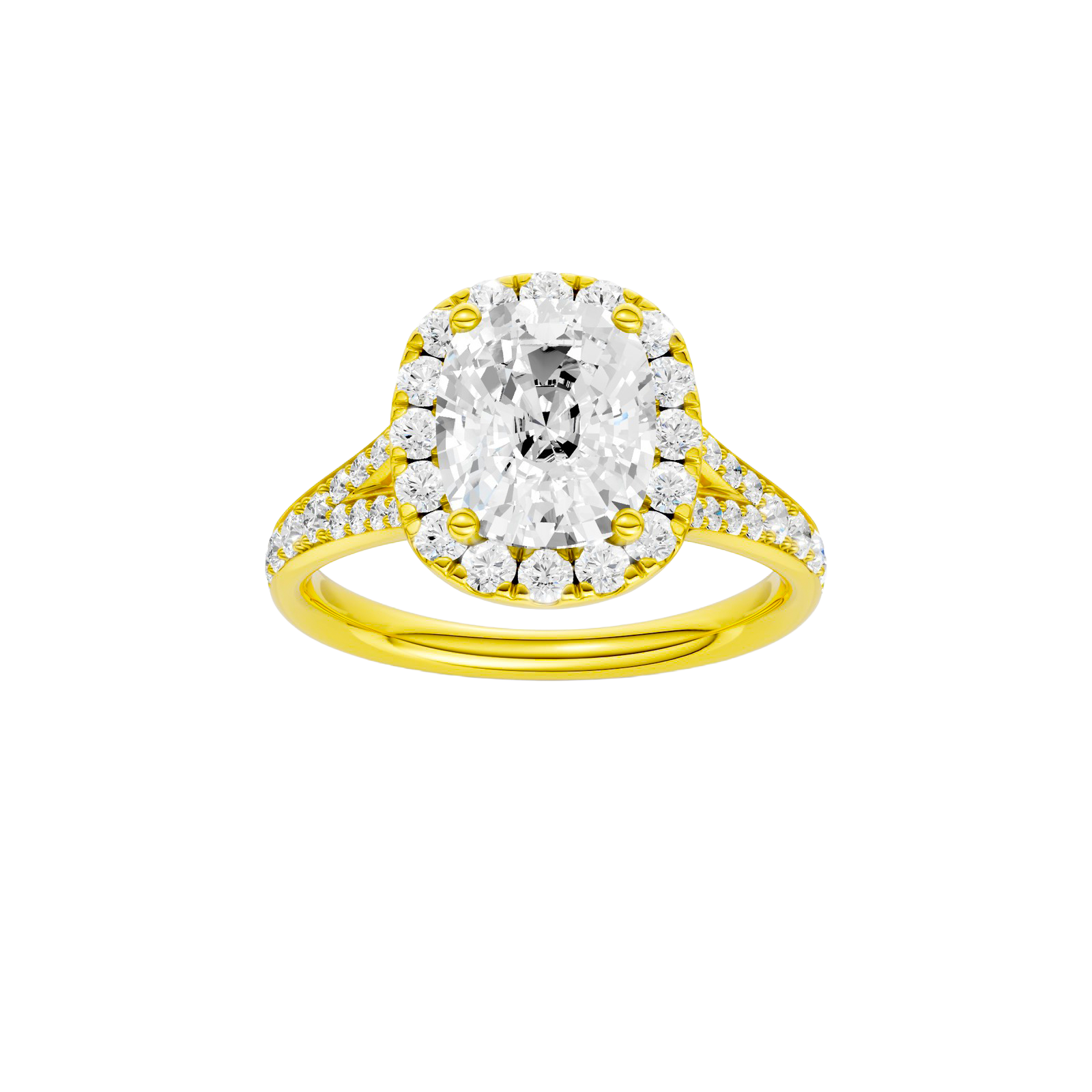 Elongated cushion-cut diamond engagement ring with a channel-set diamond band and halo setting.