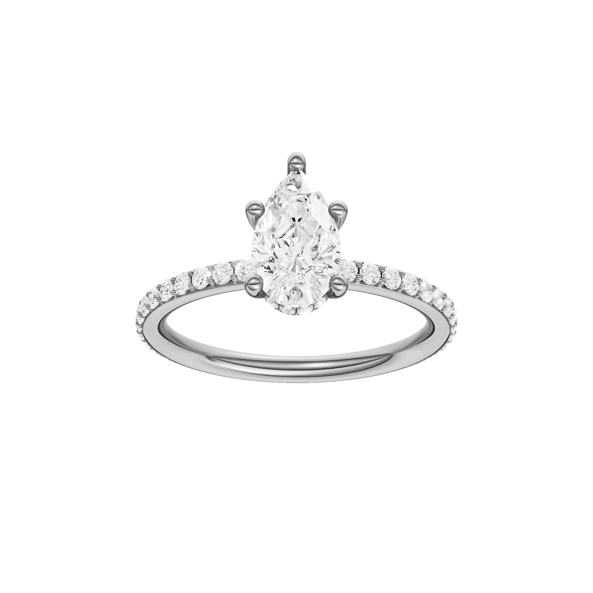 Pear-cut diamond engagement ring with a prong-set diamond band and hidden-halo setting.