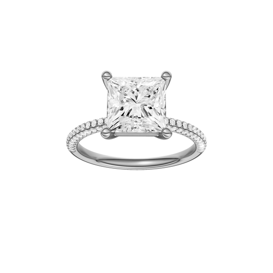 Princess-cut diamond engagement ring with a pavé-set diamond band and solitaire setting.