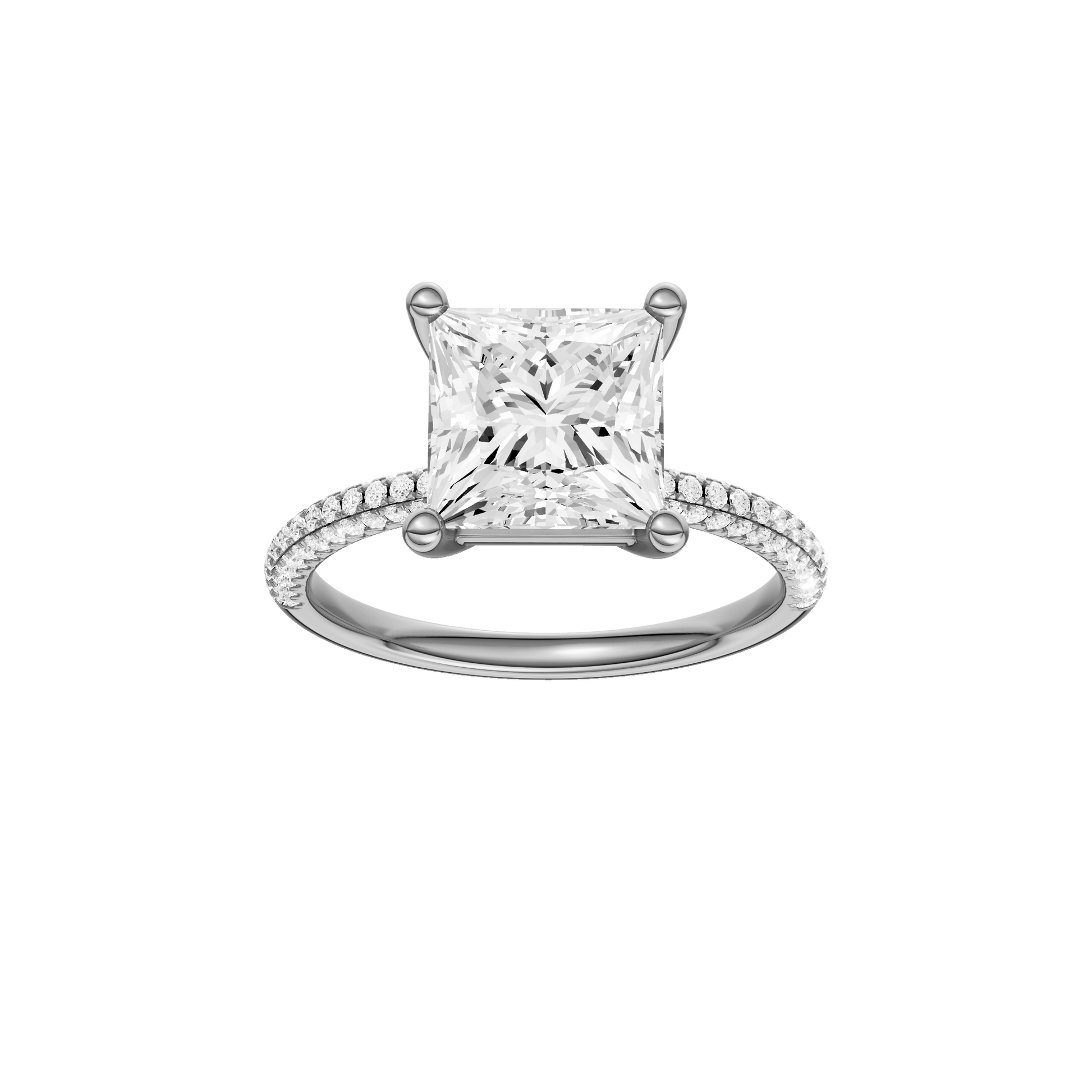 Princess-cut diamond engagement ring with a pavé-set diamond band and solitaire setting.