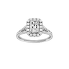Radiant-cut diamond engagement ring with a prong-set diamond band and halo setting.