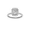 Radiant-cut diamond engagement ring with a pavé-set diamond band and halo setting.
