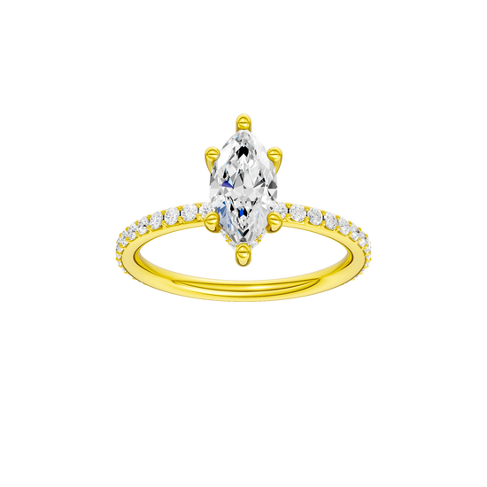 Marquise-cut diamond engagement ring with a prong-set diamond band and hidden-halo setting.