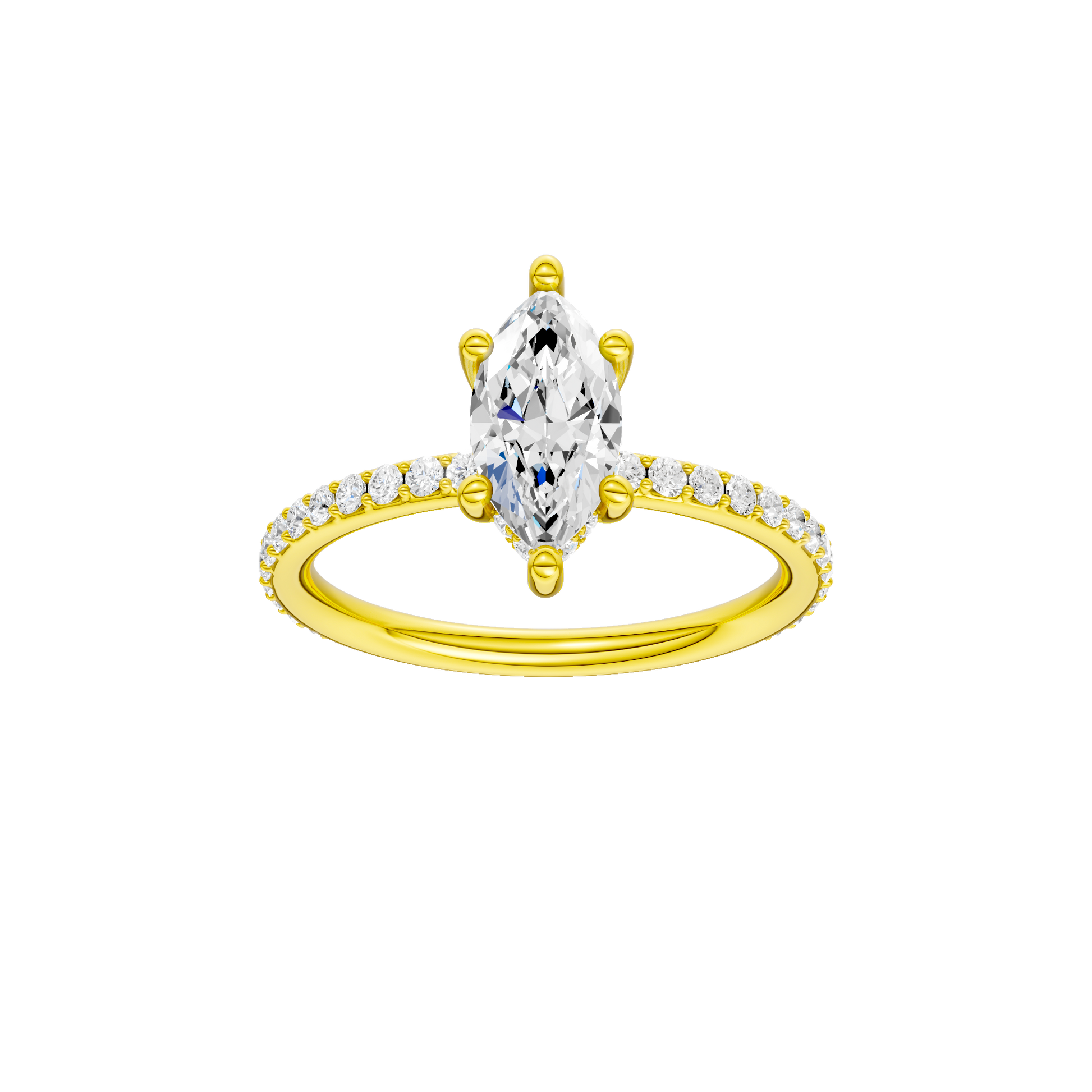 Marquise-cut diamond engagement ring with a prong-set diamond band and hidden-halo setting.