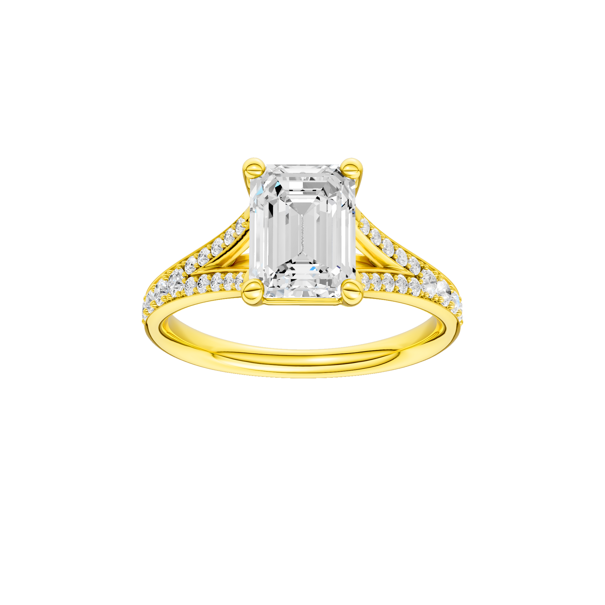 Emerald-cut diamond engagement ring with a channel-set diamond band and solitaire setting.