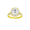 Elongated cushion-cut diamond engagement ring with a channel-set diamond band and halo setting.
