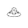 Oval-cut diamond engagement ring with a prong-set diamond band and halo setting.