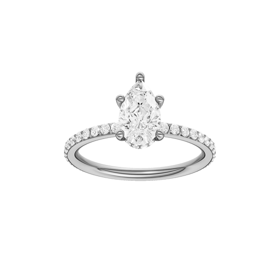 Pear-cut diamond engagement ring with a prong-set diamond band and hidden-halo setting.