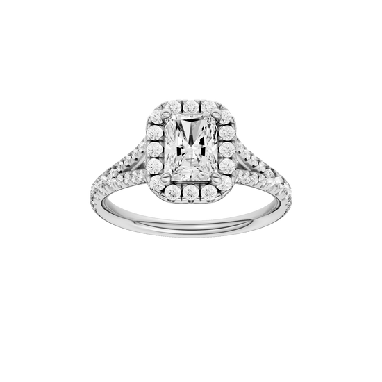 Radiant-cut diamond engagement ring with a prong-set diamond band and halo setting.
