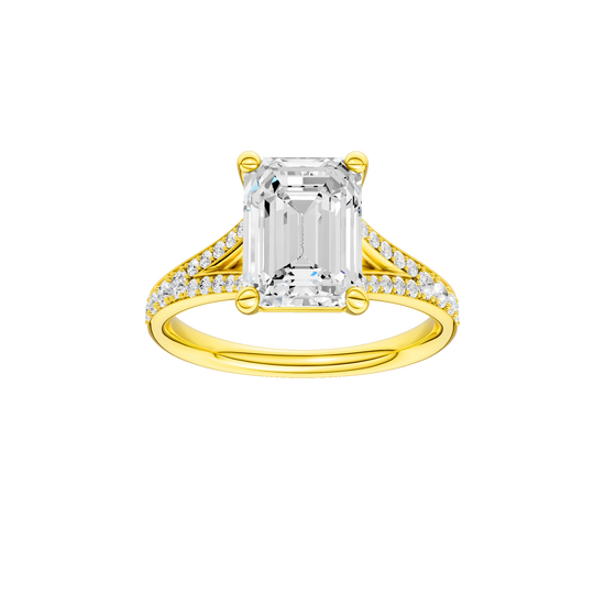 Emerald-cut diamond engagement ring with a channel-set diamond band and solitaire setting.
