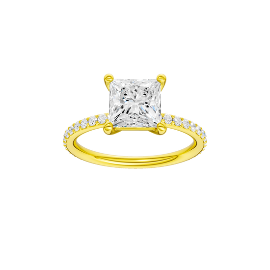 Princess-cut diamond engagement ring with a prong-set diamond band and solitaire setting.