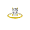 Radiant-cut diamond engagement ring with a pavé-set diamond band and hidden-halo setting.