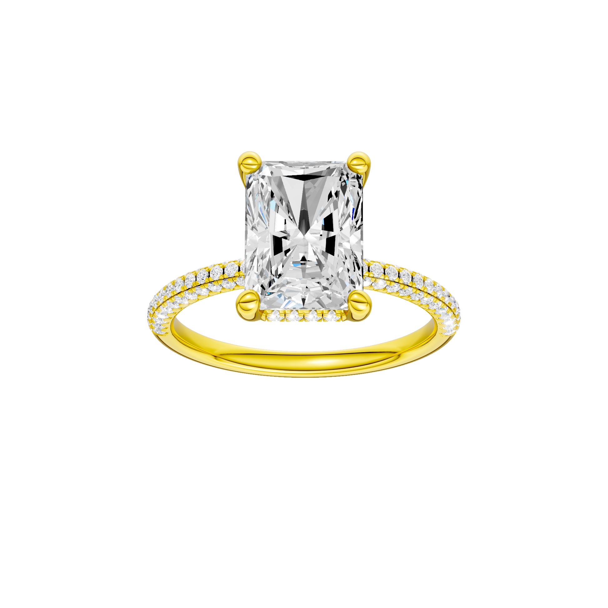 Radiant-cut diamond engagement ring with a pavé-set diamond band and hidden-halo setting.