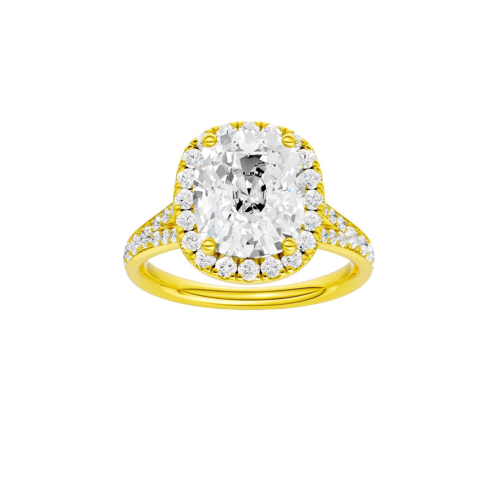 Elongated cushion-cut diamond engagement ring with a channel-set diamond band and halo setting.
