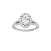 Oval-cut diamond engagement ring with a prong-set diamond band and halo setting.