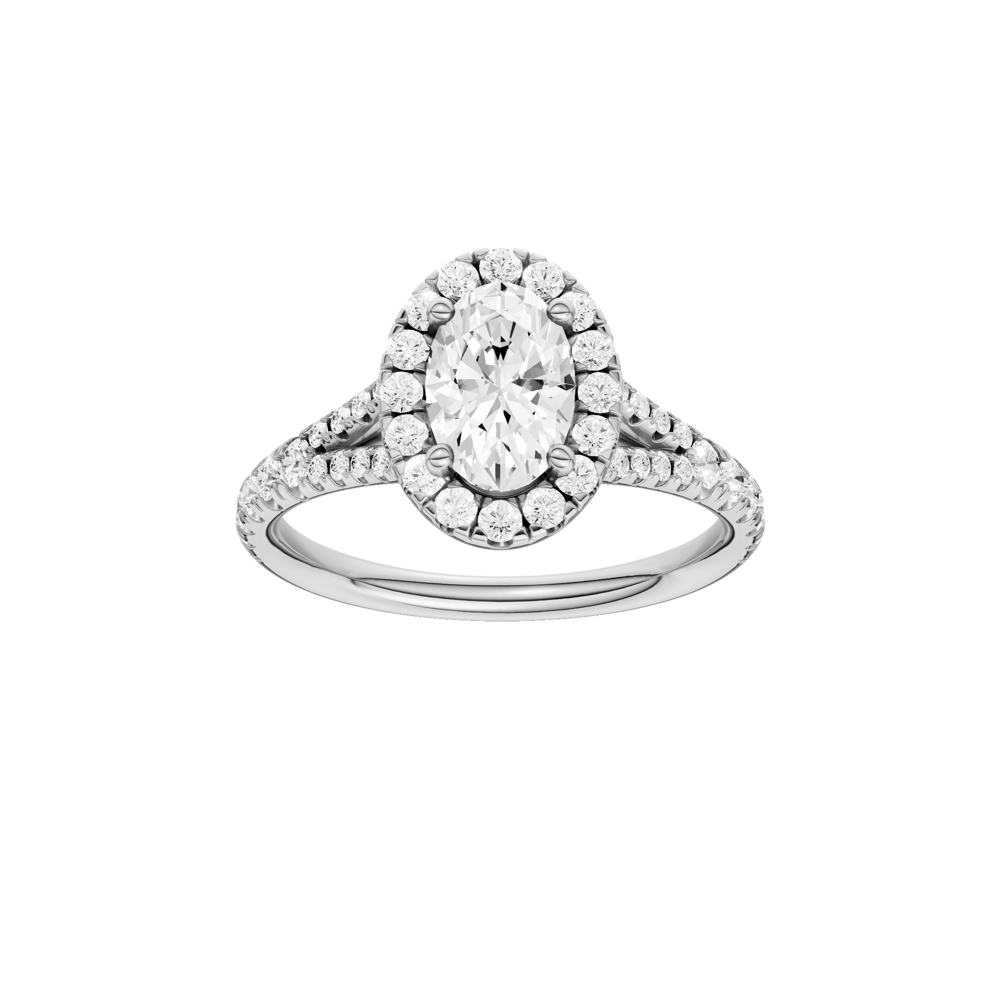 Oval-cut diamond engagement ring with a prong-set diamond band and halo setting.