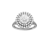 Round-cut diamond engagement ring with a plain band and double-halo setting.