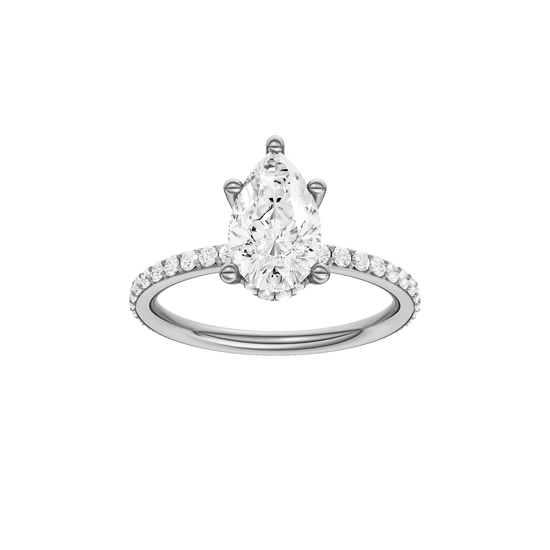 Pear-cut diamond engagement ring with a prong-set diamond band and hidden-halo setting.