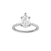 Pear-cut diamond engagement ring with a prong-set diamond band and hidden-halo setting.