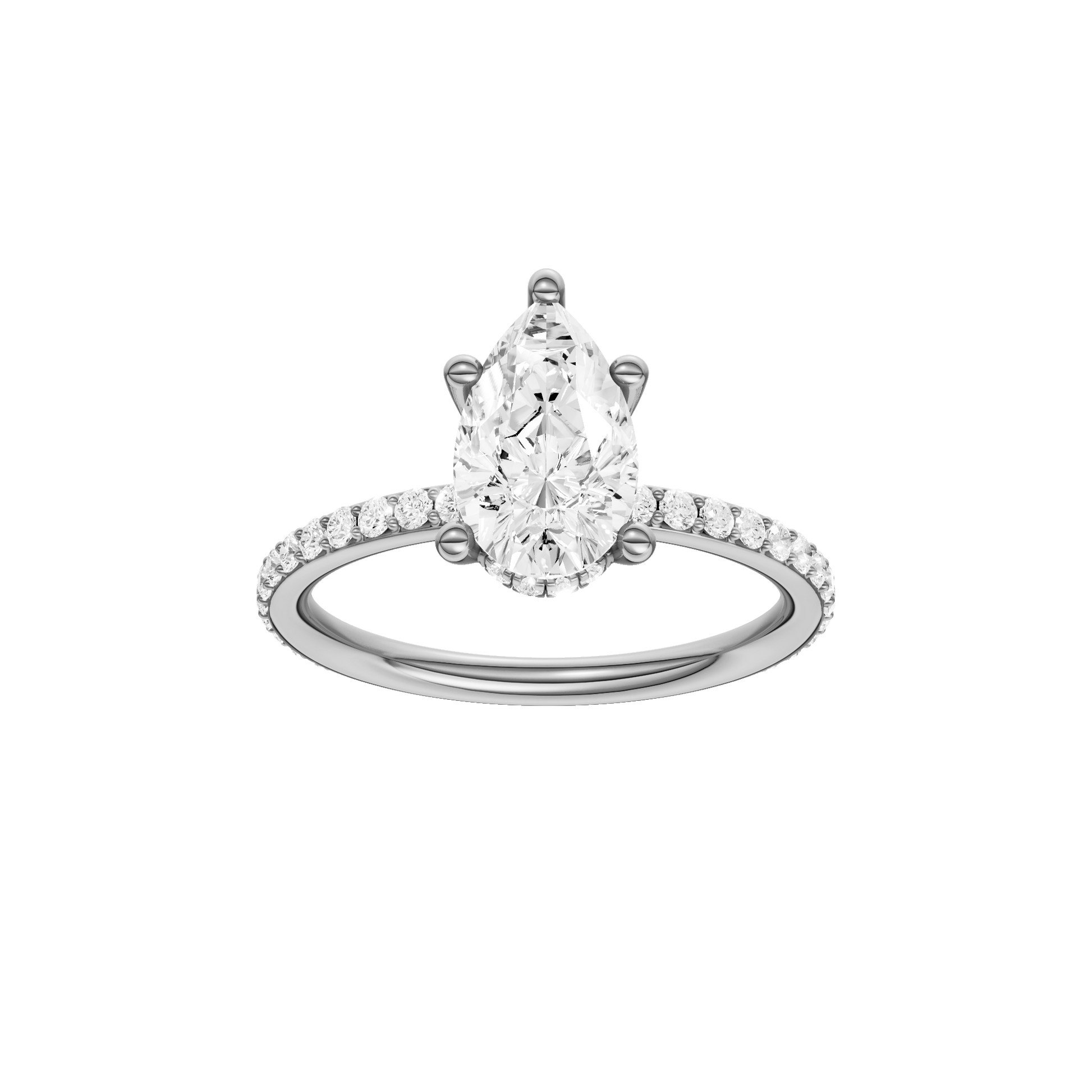 Pear-cut diamond engagement ring with a prong-set diamond band and hidden-halo setting.