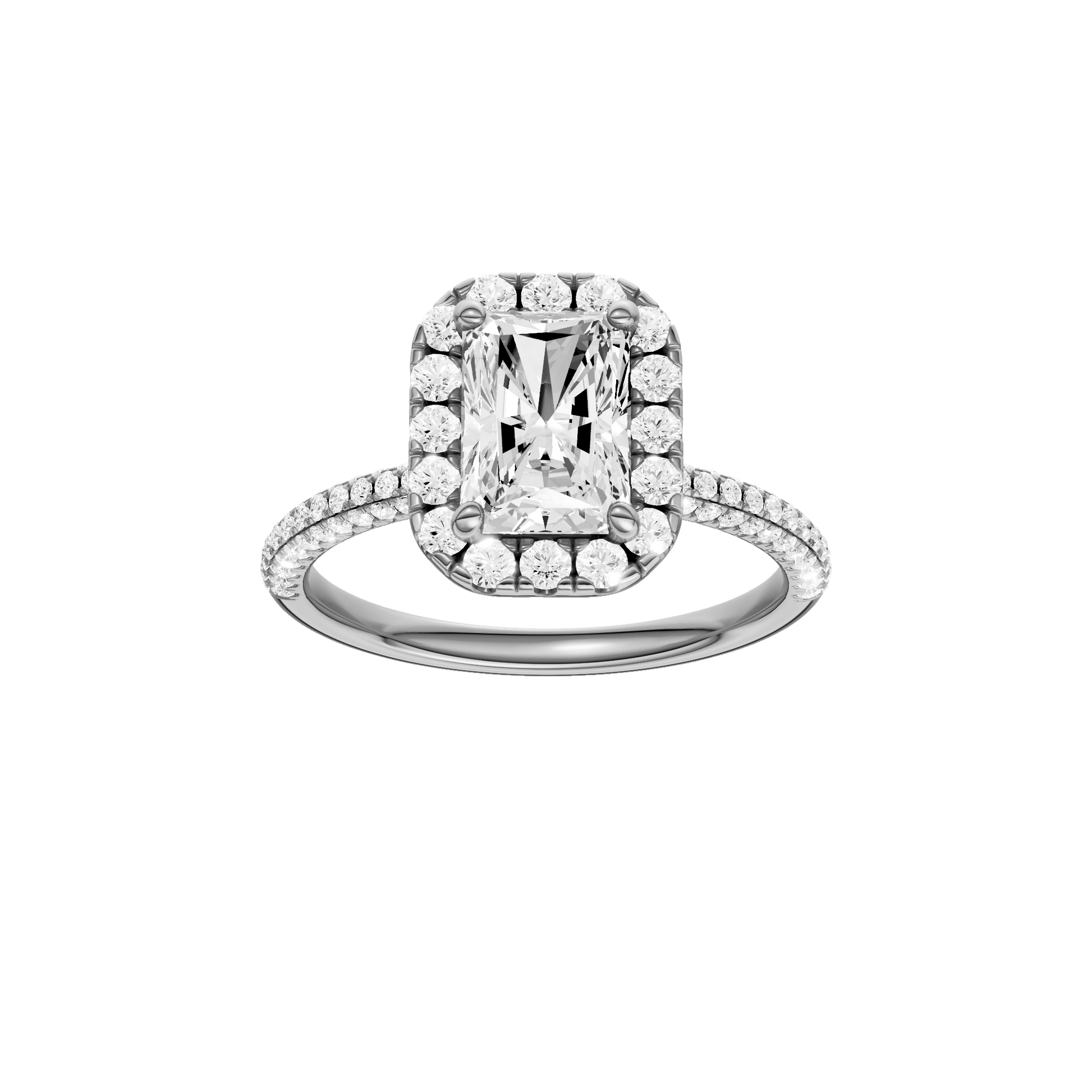 Radiant-cut diamond engagement ring with a pavé-set diamond band and halo setting.