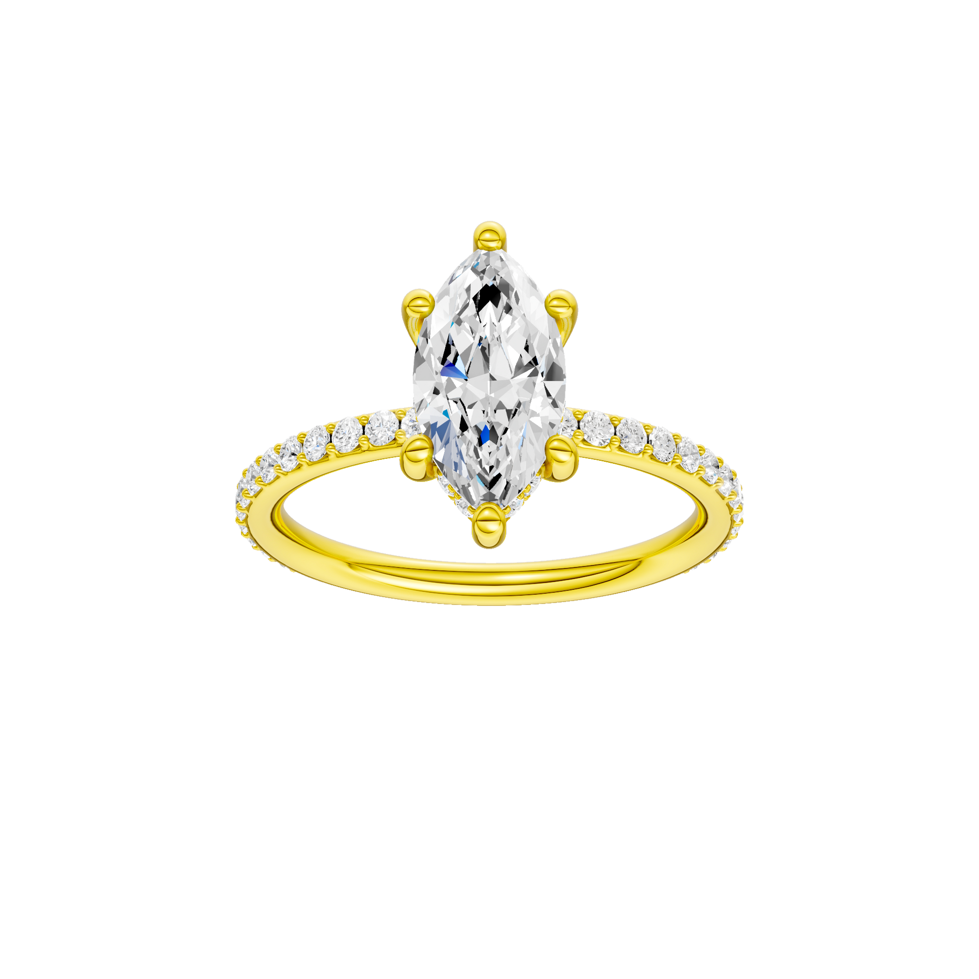 Marquise-cut diamond engagement ring with a prong-set diamond band and hidden-halo setting.