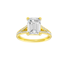 Emerald-cut diamond engagement ring with a channel-set diamond band and solitaire setting.