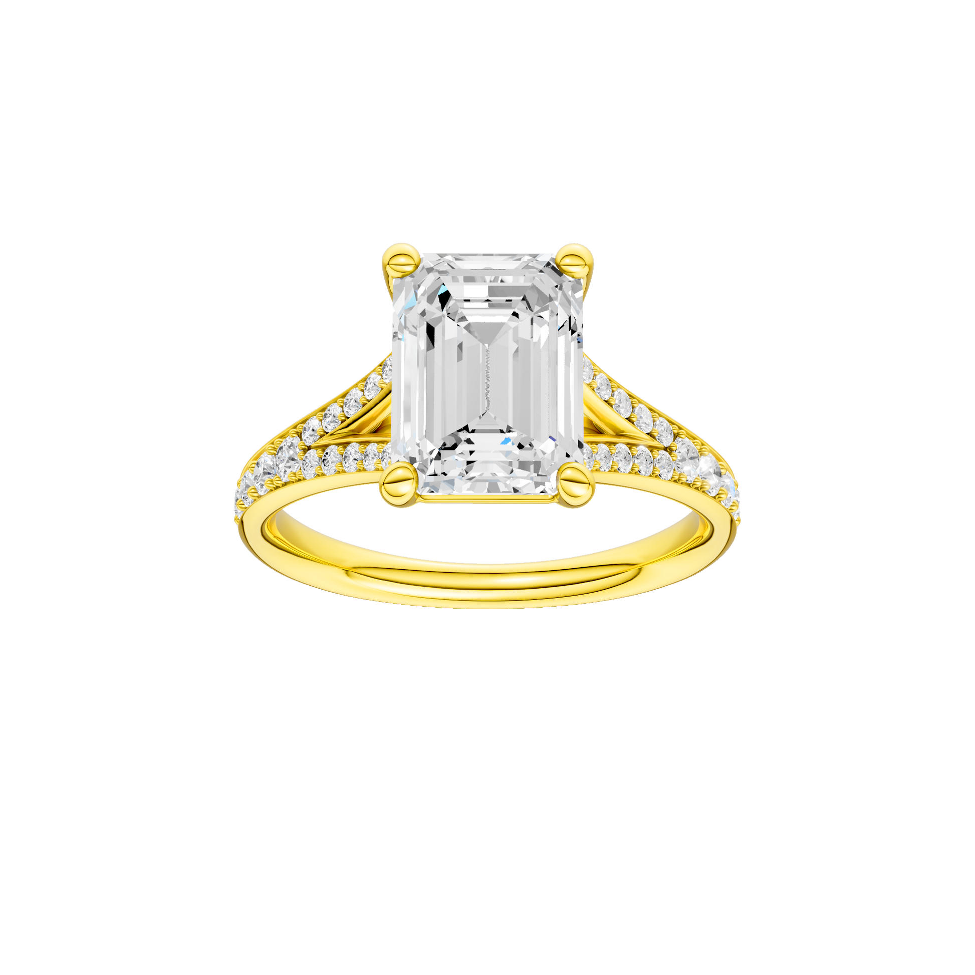 Emerald-cut diamond engagement ring with a channel-set diamond band and solitaire setting.
