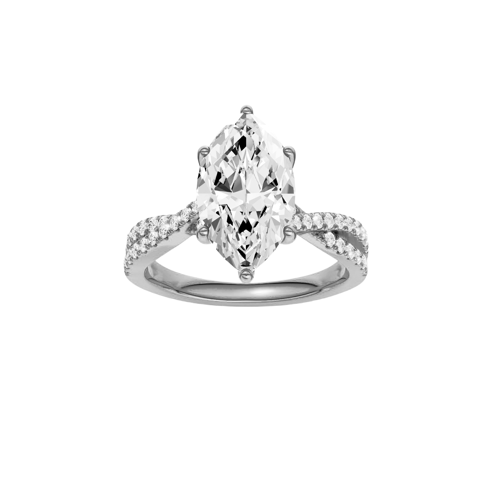 Marquise-cut diamond engagement ring in 14k white gold with a prong-set diamond band and twist setting